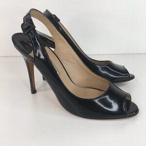 Manolo Blahnik Patent Leather Peep Toe Slingback Black Pumps Size 40.5